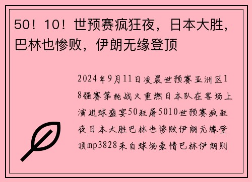 50！10！世预赛疯狂夜，日本大胜，巴林也惨败，伊朗无缘登顶